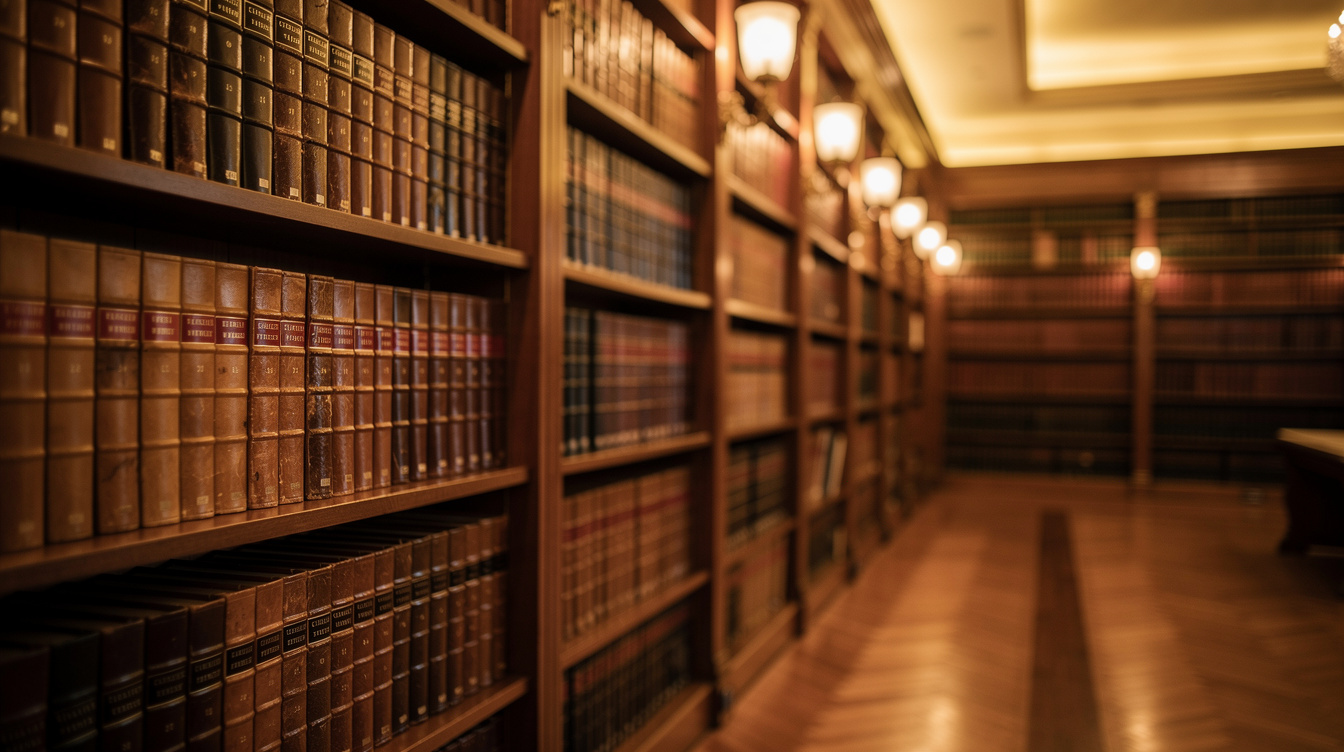 Elegant library shelves filled with leather-bound books