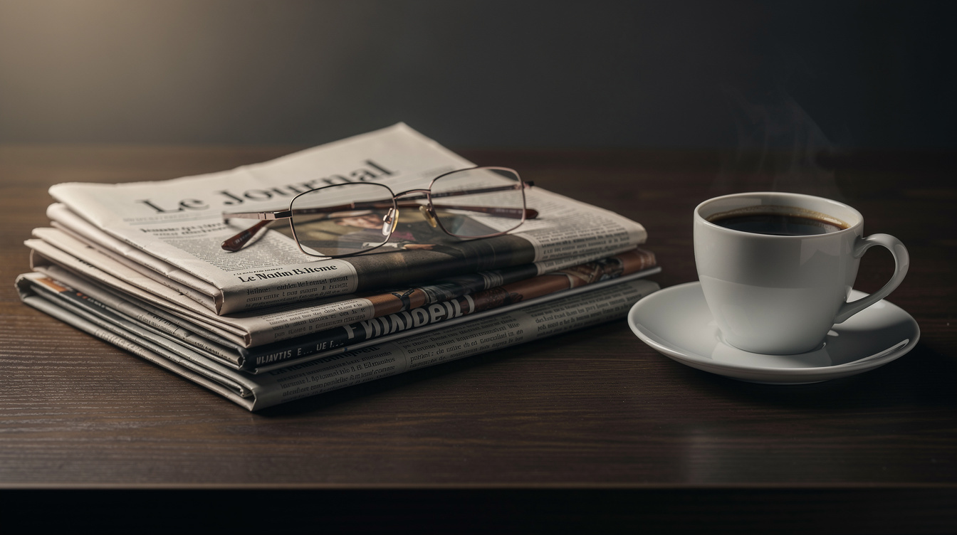 Moody editorial still life with newspapers, glasses and coffee on a dark wooden desk