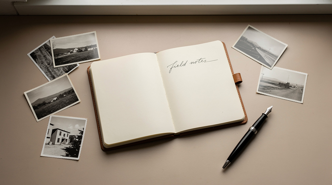 Overhead view of a research desk with an open notebook, pen and photographs