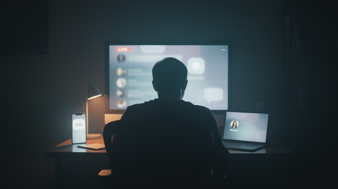 Silhouette of a person watching glowing screens in a dark room